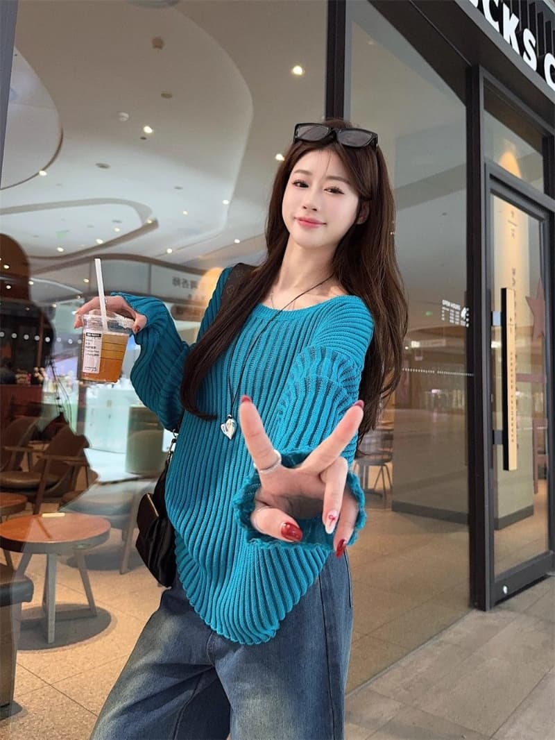 모방 아마 느긋한 바람 홀로우 아웃 비스듬한 어깨 긴팔 니트 스웨터 블라우스 여성 루즈핏 캐주얼 오프숄더 맨위 상세 이미지 20
