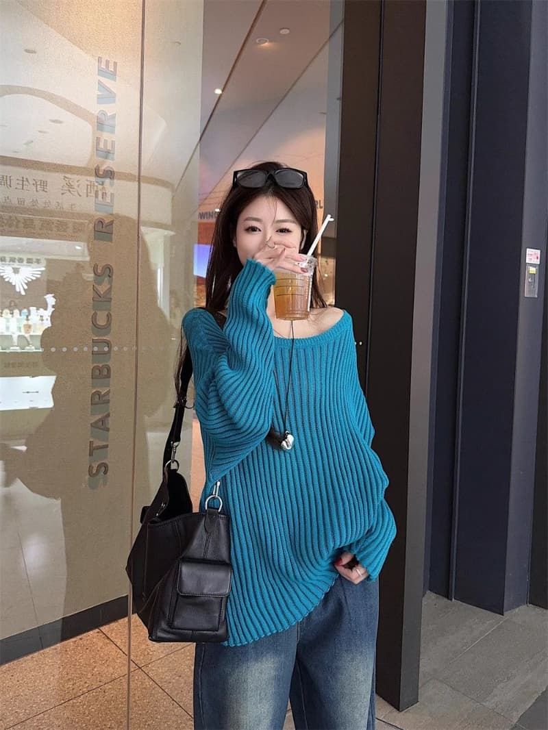모방 아마 느긋한 바람 홀로우 아웃 비스듬한 어깨 긴팔 니트 스웨터 블라우스 여성 루즈핏 캐주얼 오프숄더 맨위 상세 이미지 23