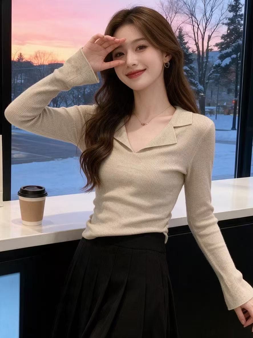 부드러운 찹쌀 POLO 칼라 털 셔츠 몸매 가꾸기 슬림해 보이는 레트로 니트 스웨터 여성 가을 의상 인사이드 가져 가라. 고유 한 맨위 긴팔 얇은 상세 이미지 5