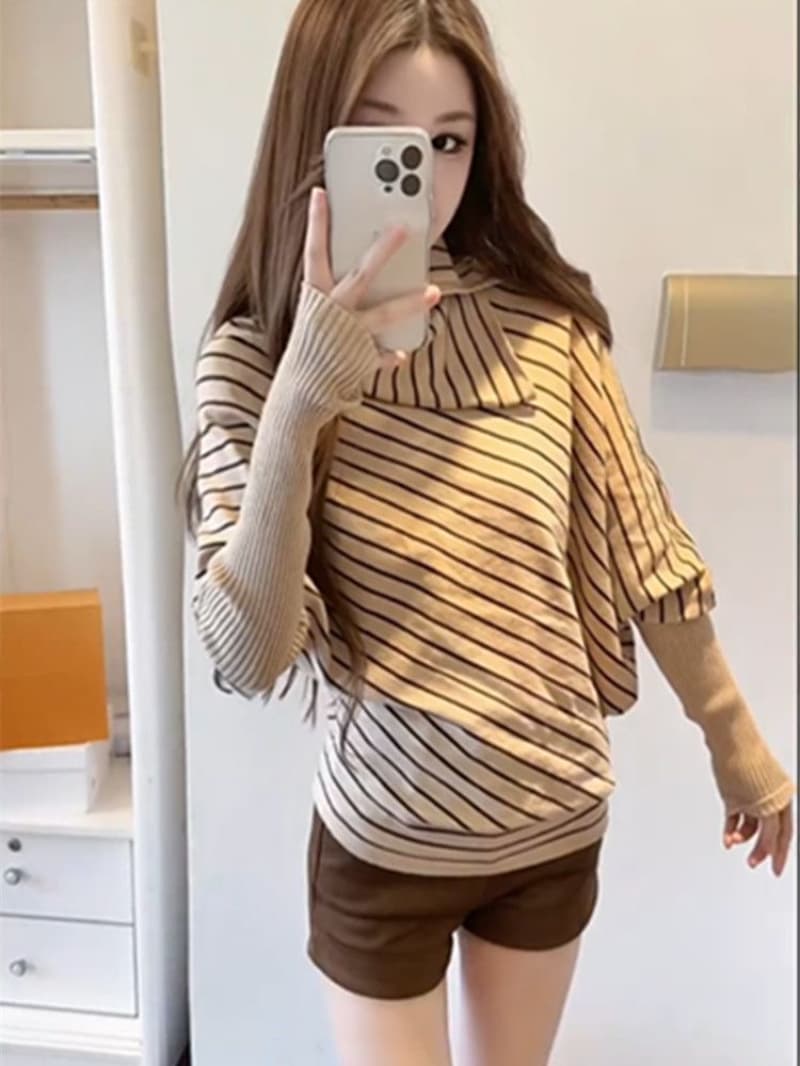 앤디 플러시 워시 물 불규칙 폴로 칼라 배트윙 소매 스트라이프 니트 스웨터 여성 가을 겨울 고유 한 디자인 센스 맨위 상세 이미지 3