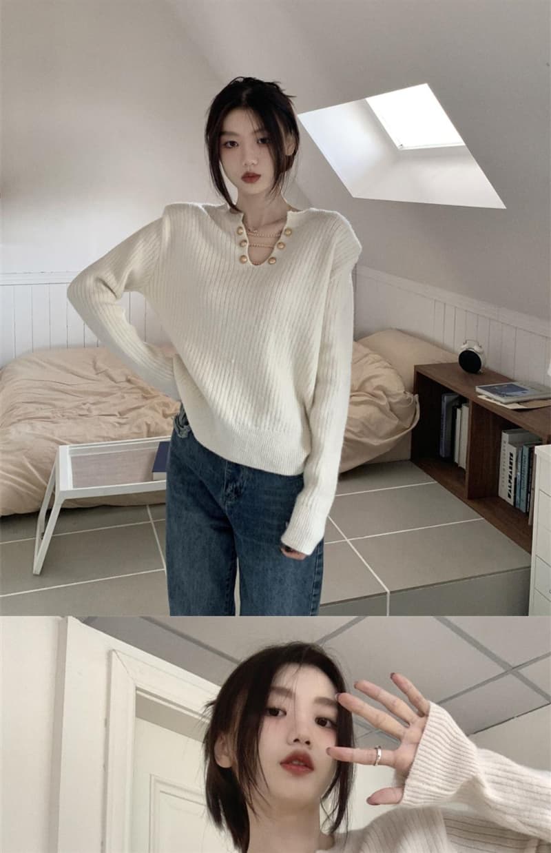 V넥 너구리 플러시 부드러운 찹쌀 풀오버 스웨터 여자 가을 겨울 느긋한 바람 두꺼운 인사이드 가져 가라. 만나는 니트 스웨터 맨위 상세 이미지 2
