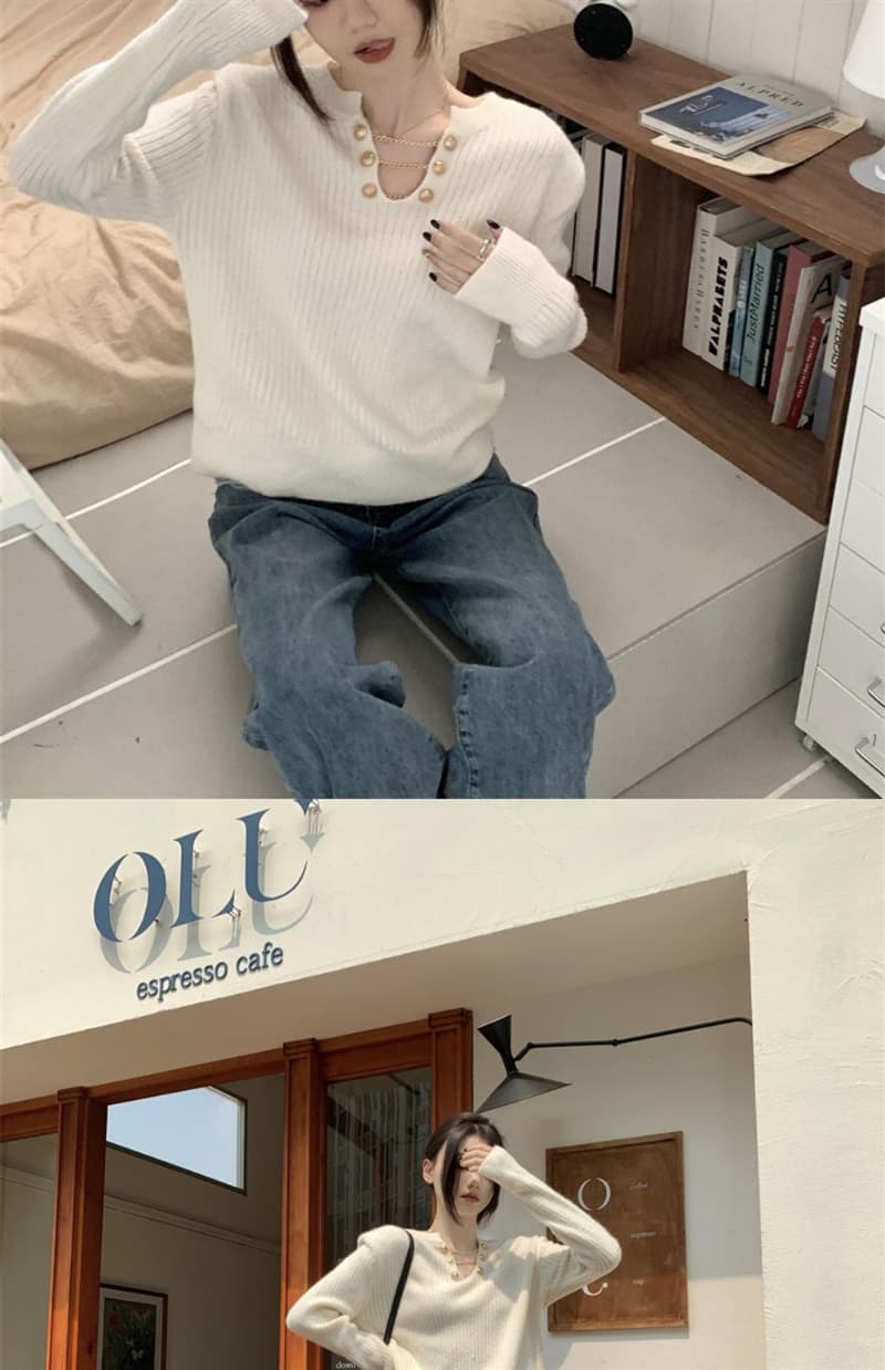 V넥 너구리 플러시 부드러운 찹쌀 풀오버 스웨터 여자 가을 겨울 느긋한 바람 두꺼운 인사이드 가져 가라. 만나는 니트 스웨터 맨위 상세 이미지 7