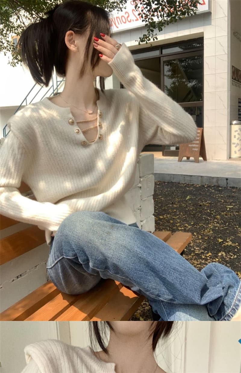V넥 너구리 플러시 부드러운 찹쌀 풀오버 스웨터 여자 가을 겨울 느긋한 바람 두꺼운 인사이드 가져 가라. 만나는 니트 스웨터 맨위 상세 이미지 9