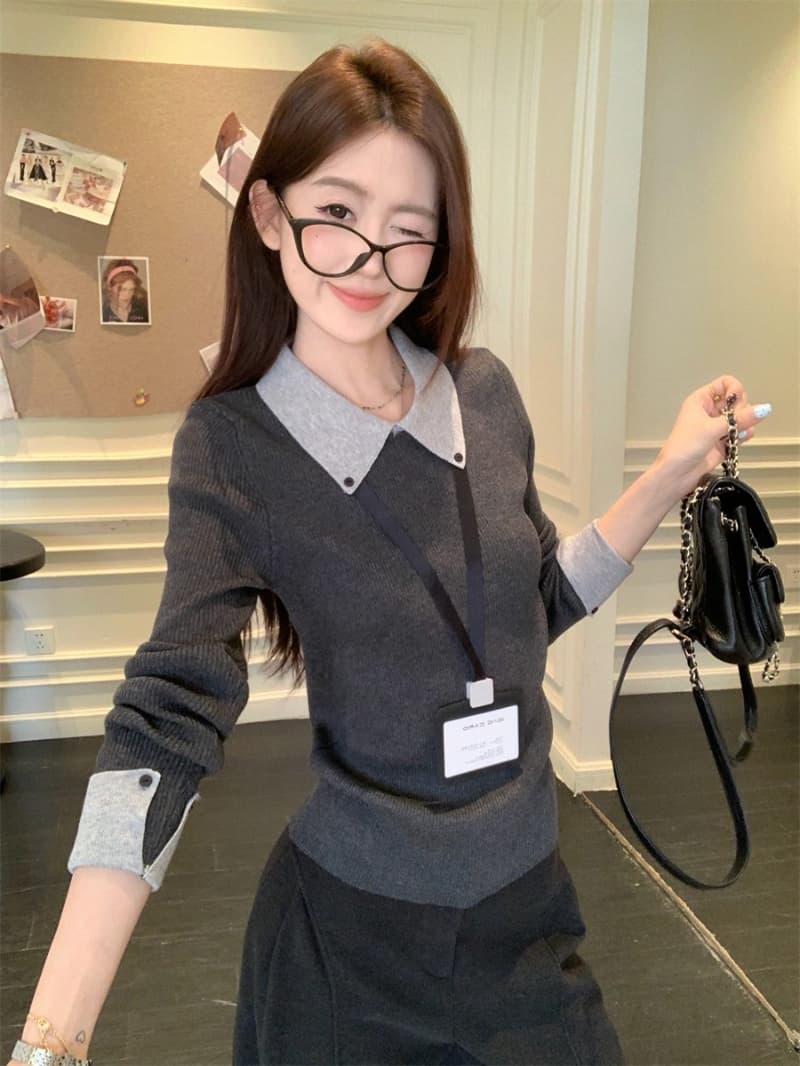 패키지 코어 실 한 부서 학원 스타일 배색 폴로 칼라 니트 스웨터 여성 가을 겨울 새로운 몸매 가꾸기 긴팔 기본 셔츠 상세 이미지 3