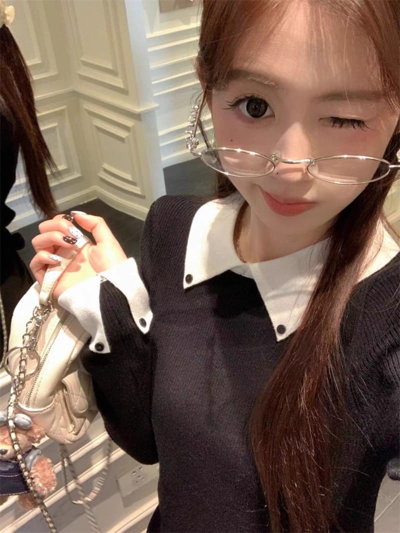 패키지 코어 실 한 부서 학원 스타일 배색 폴로 칼라 니트 스웨터 여성 가을 겨울 새로운 몸매 가꾸기 긴팔 기본 셔츠 상세 이미지 10