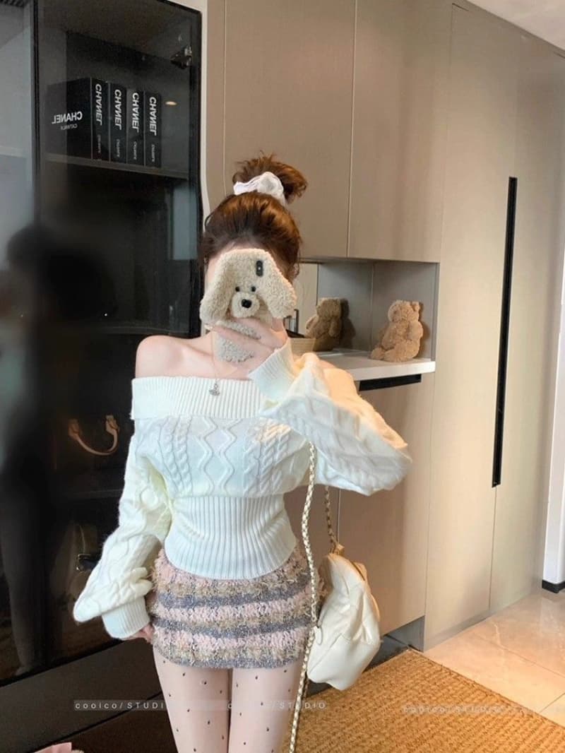 북극 플러시 워시 물 순수한 욕망 바람 섹시함 오프숄더 긴팔 스웨터 여자 가을 겨울 새로운 꽈배기 니트 맨위 이미지 2