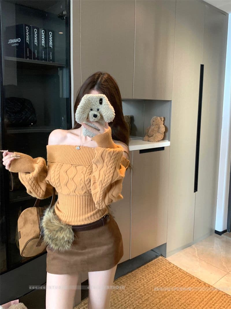 북극 플러시 워시 물 순수한 욕망 바람 섹시함 오프숄더 긴팔 스웨터 여자 가을 겨울 새로운 꽈배기 니트 맨위 상세 이미지 7