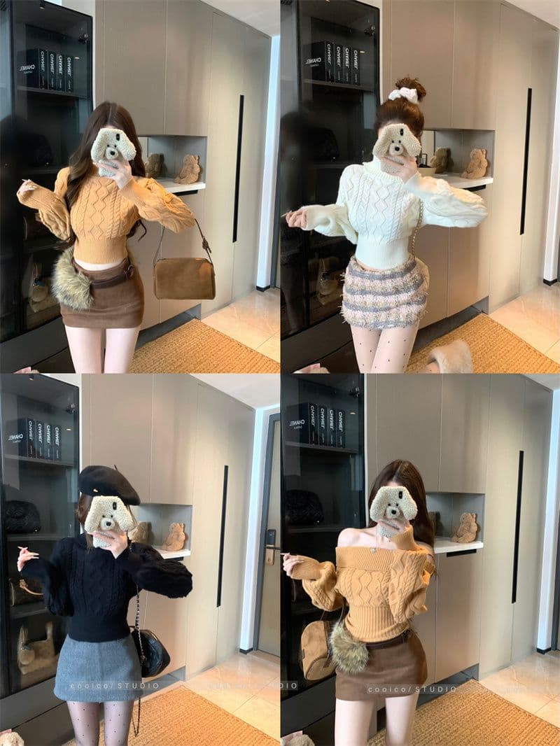 북극 플러시 워시 물 순수한 욕망 바람 섹시함 오프숄더 긴팔 스웨터 여자 가을 겨울 새로운 꽈배기 니트 맨위 상세 이미지 8