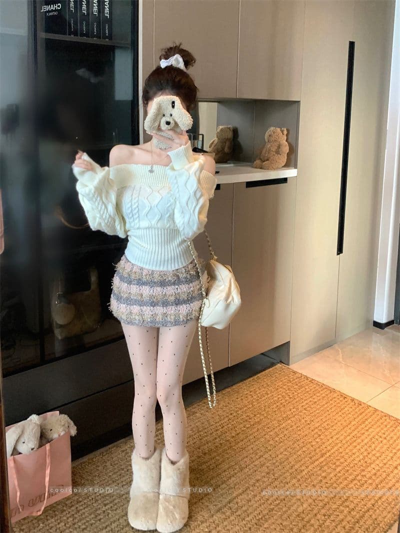 북극 플러시 워시 물 순수한 욕망 바람 섹시함 오프숄더 긴팔 스웨터 여자 가을 겨울 새로운 꽈배기 니트 맨위 상세 이미지 15