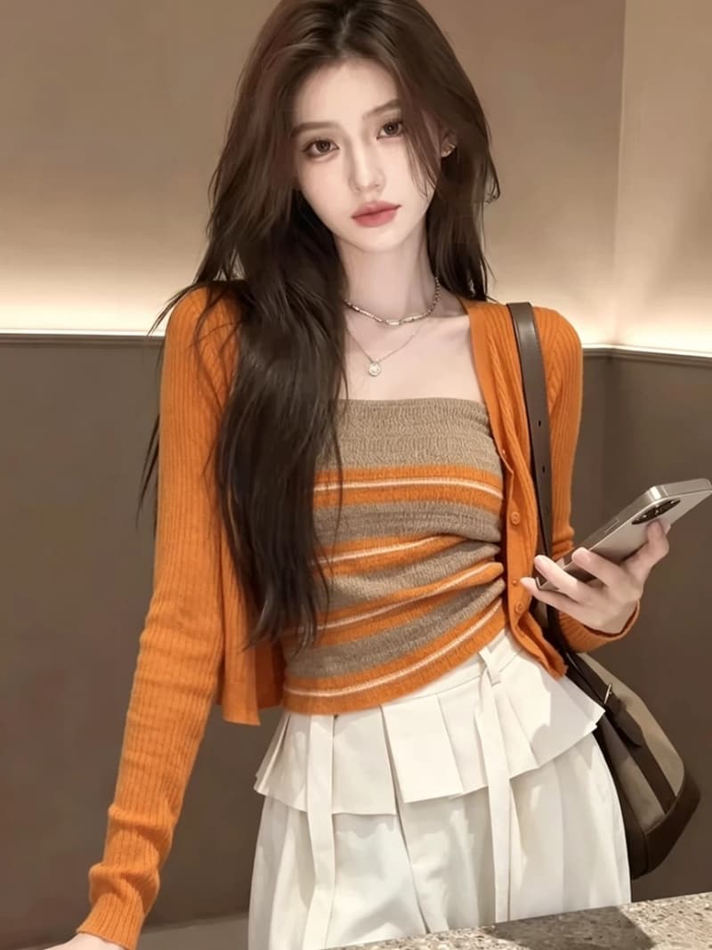대나무 마디 마 워시 물 튜브탑 긴팔 니트 오픈 가디건 여성 여름 새로운 순수한 욕망 바람 투피스 세트 상세 이미지 1