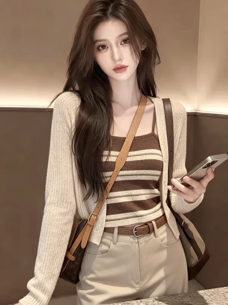 대나무 마디 마 워시 물 튜브탑 긴팔 니트 오픈 가디건 여성 여름 새로운 순수한 욕망 바람 투피스 세트 상세 이미지 2