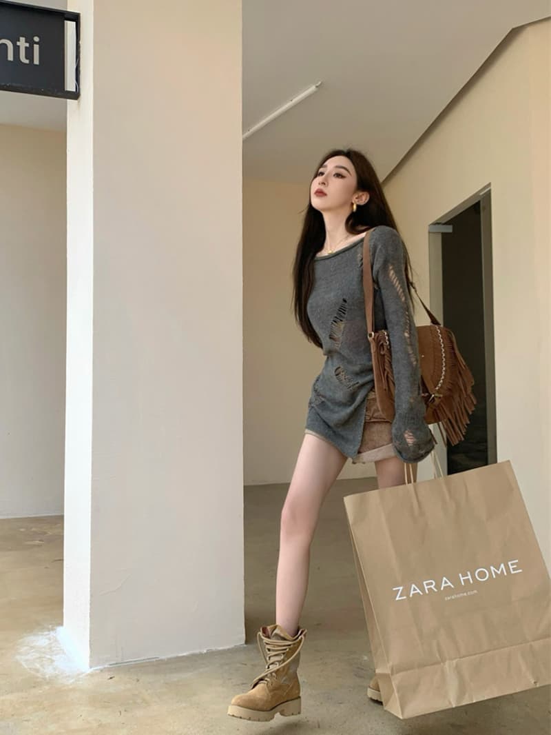홍콩 느낌 자외선 차단 블라우스 여성 봄 느긋한 바람 새로운 외부 가져 가라. 찢어진 부분 회색 스웨터 디자인 센스 니트 스웨터 맨위 이미지 3