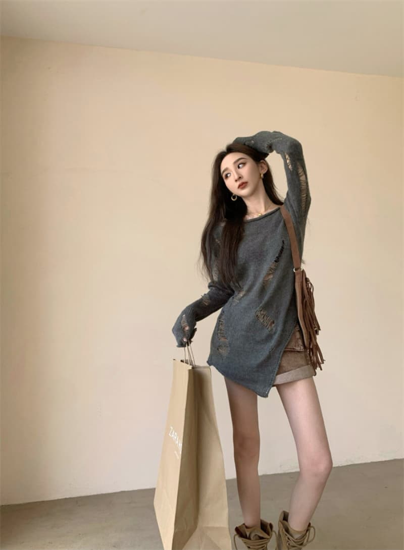 홍콩 느낌 자외선 차단 블라우스 여성 봄 느긋한 바람 새로운 외부 가져 가라. 찢어진 부분 회색 스웨터 디자인 센스 니트 스웨터 맨위 상세 이미지 8