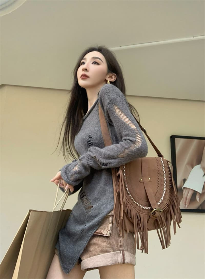 홍콩 느낌 자외선 차단 블라우스 여성 봄 느긋한 바람 새로운 외부 가져 가라. 찢어진 부분 회색 스웨터 디자인 센스 니트 스웨터 맨위 상세 이미지 11