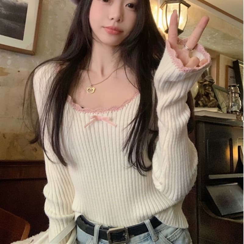 패키지 코어 실 달콤함 레이스 긴팔 니트 스웨터 여자 가을 새로운 나비 매듭 디자인 센스 몸매 가꾸기 맨위 이미지 5
