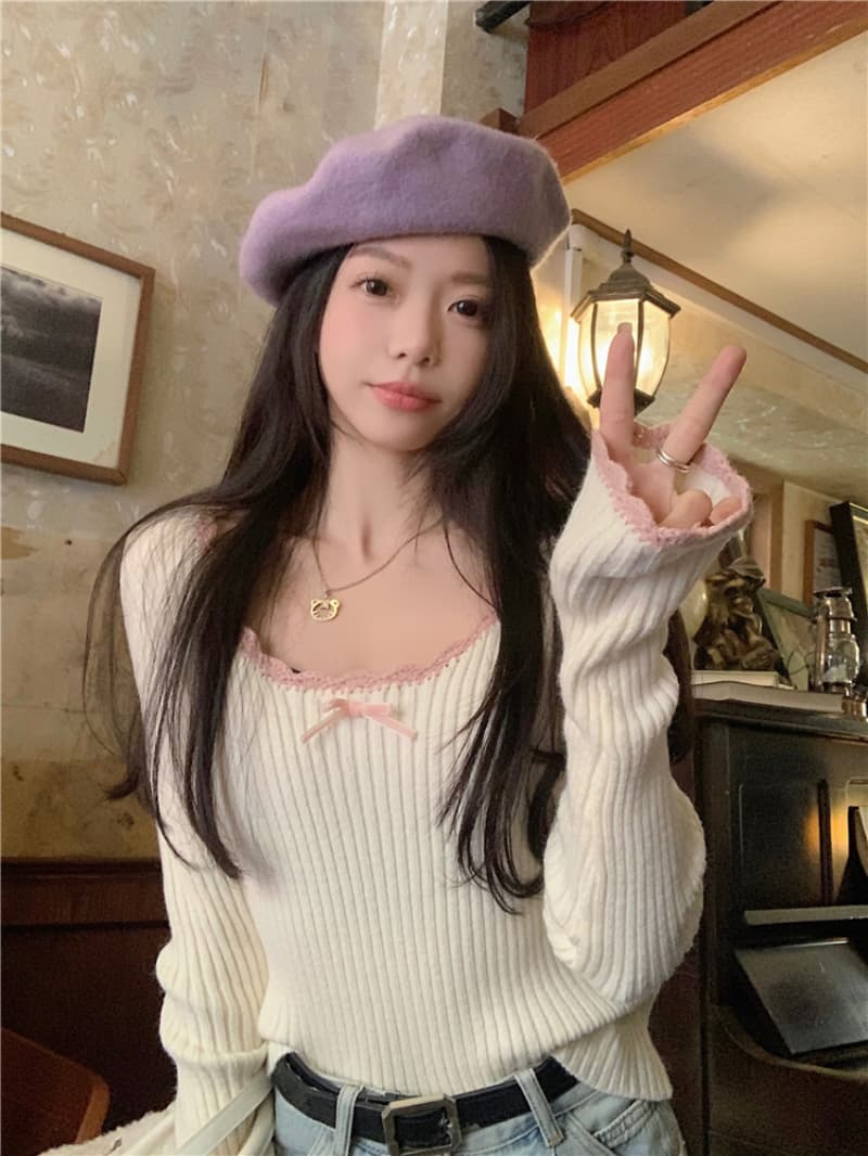 패키지 코어 실 달콤함 레이스 긴팔 니트 스웨터 여자 가을 새로운 나비 매듭 디자인 센스 몸매 가꾸기 맨위 상세 이미지 2