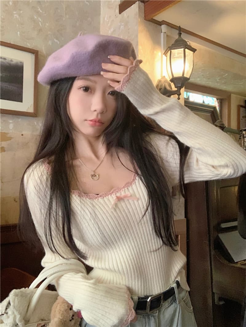 패키지 코어 실 달콤함 레이스 긴팔 니트 스웨터 여자 가을 새로운 나비 매듭 디자인 센스 몸매 가꾸기 맨위 상세 이미지 3