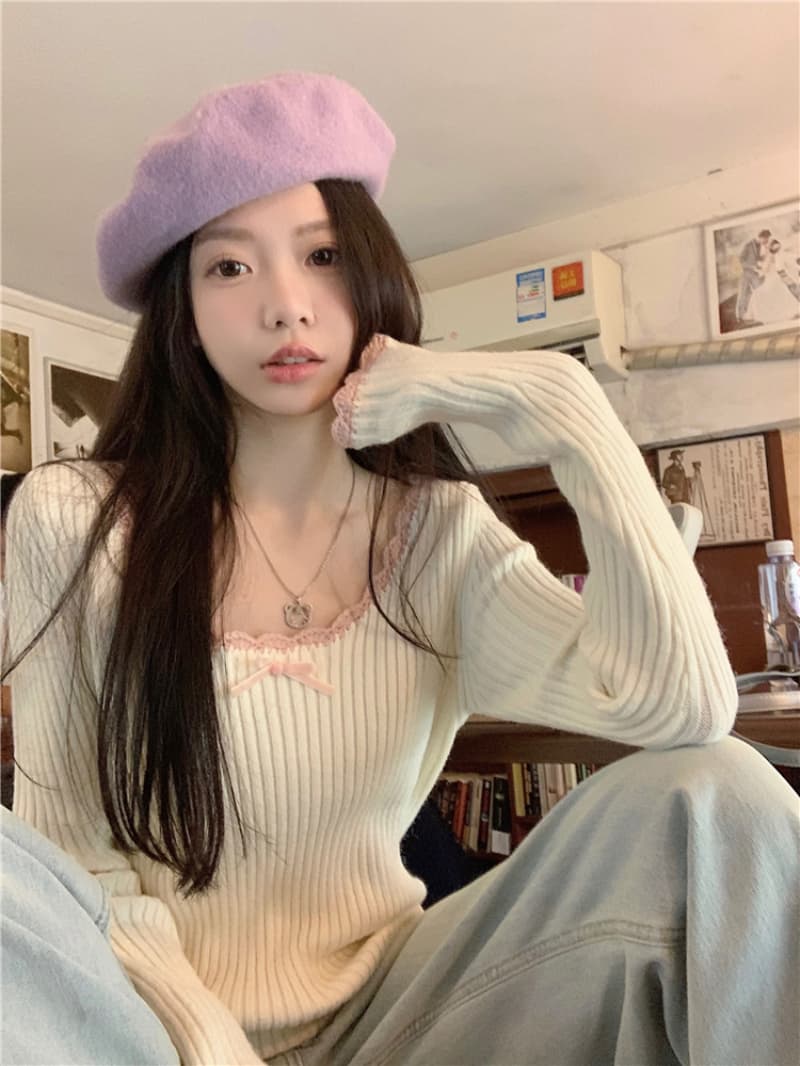 패키지 코어 실 달콤함 레이스 긴팔 니트 스웨터 여자 가을 새로운 나비 매듭 디자인 센스 몸매 가꾸기 맨위 상세 이미지 5