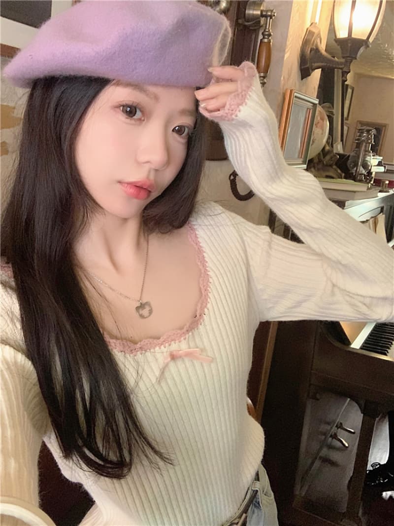 패키지 코어 실 달콤함 레이스 긴팔 니트 스웨터 여자 가을 새로운 나비 매듭 디자인 센스 몸매 가꾸기 맨위 상세 이미지 7