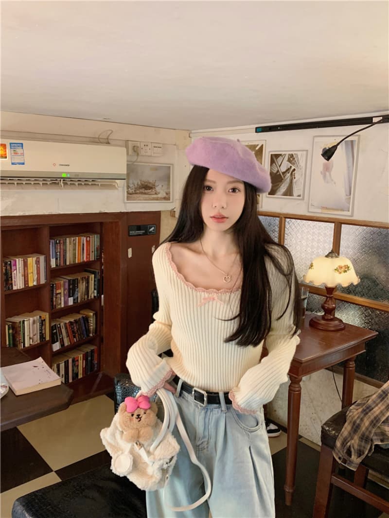 패키지 코어 실 달콤함 레이스 긴팔 니트 스웨터 여자 가을 새로운 나비 매듭 디자인 센스 몸매 가꾸기 맨위 상세 이미지 11