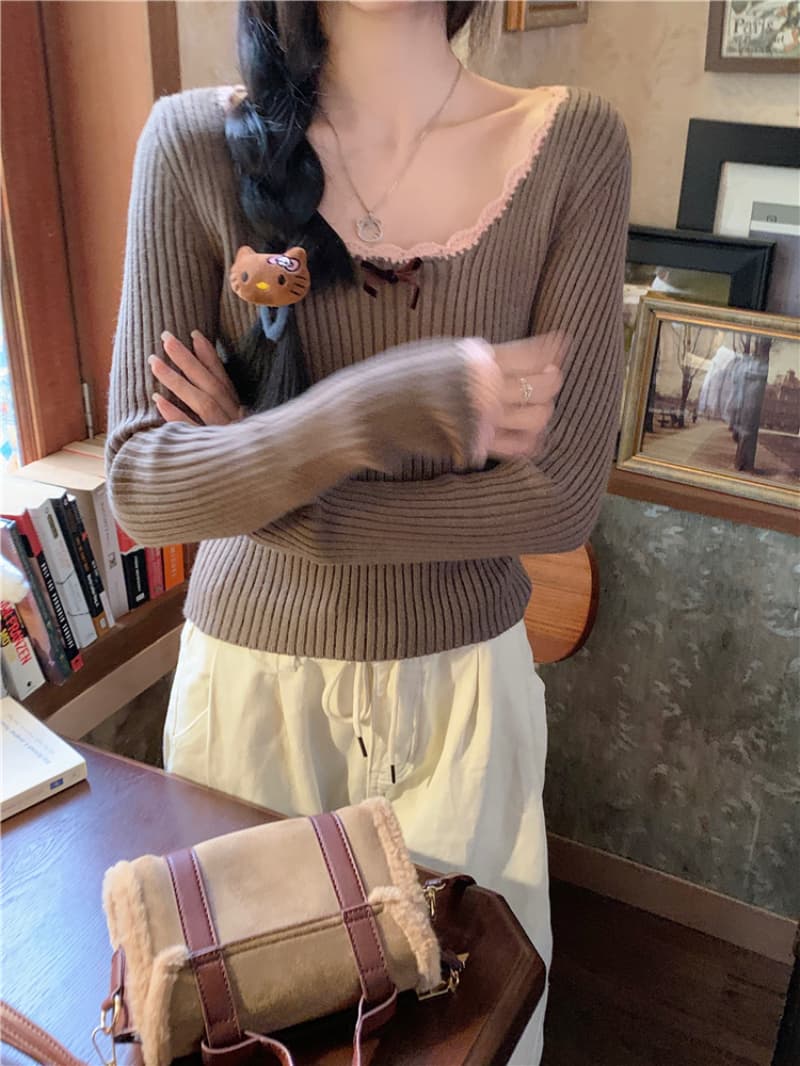 패키지 코어 실 달콤함 레이스 긴팔 니트 스웨터 여자 가을 새로운 나비 매듭 디자인 센스 몸매 가꾸기 맨위 상세 이미지 21