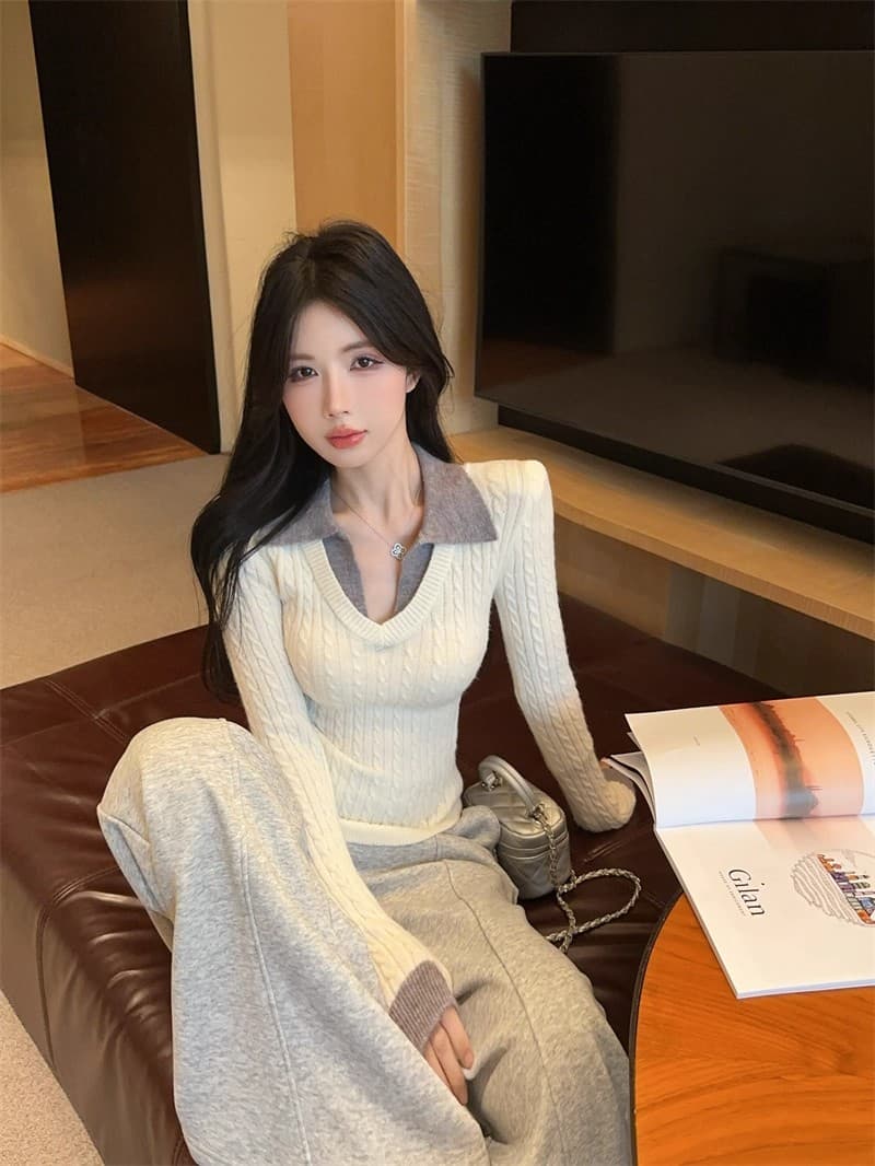 북극 플러시 워시 물 학원 스타일 페이크 레이어드 POLO 칼라 니트 스웨터 여성 가을 겨울 순수한 욕망 V넥 꽈배기 스웨터 상세 이미지 7