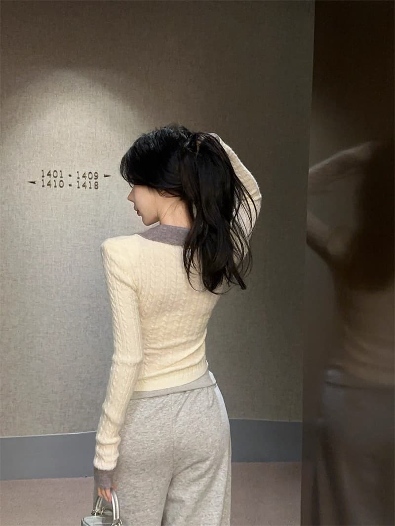 북극 플러시 워시 물 학원 스타일 페이크 레이어드 POLO 칼라 니트 스웨터 여성 가을 겨울 순수한 욕망 V넥 꽈배기 스웨터 상세 이미지 10