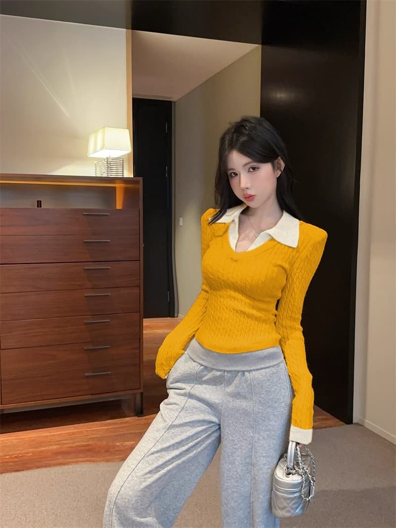 북극 플러시 워시 물 학원 스타일 페이크 레이어드 POLO 칼라 니트 스웨터 여성 가을 겨울 순수한 욕망 V넥 꽈배기 스웨터 상세 이미지 14
