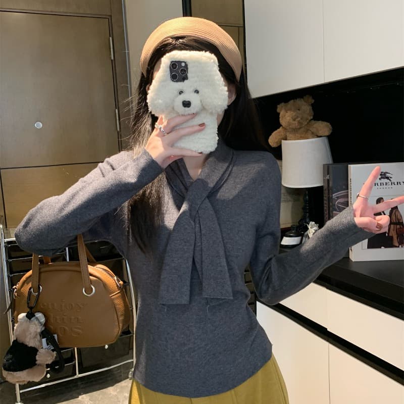 한 부서 리본 스카프 칼라 V넥 니트 스웨터 여성 가을 겨울 인사이드 가져 가라. 부드러운 기본 셔츠 몸매 가꾸기 외국 가스 고유 한 맨위 이미지 5