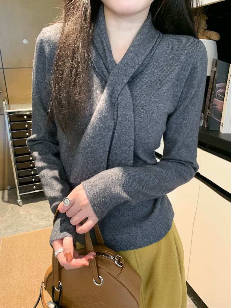 한 부서 리본 스카프 칼라 V넥 니트 스웨터 여성 가을 겨울 인사이드 가져 가라. 부드러운 기본 셔츠 몸매 가꾸기 외국 가스 고유 한 맨위 상세 이미지 6