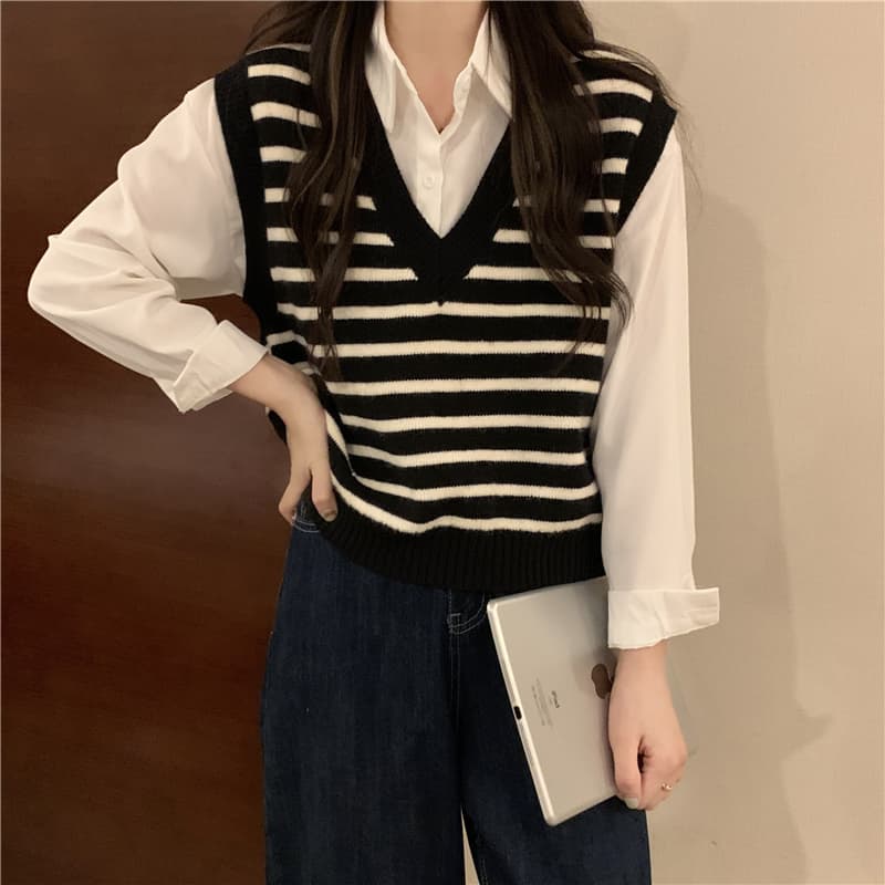 패키지 코어 실 베스트 작은 조끼 가을 여성 디자인 센스 스트라이프 루즈핏 쇼트 스타일 외부 외부 가져 가라. 조끼 상세 이미지 17