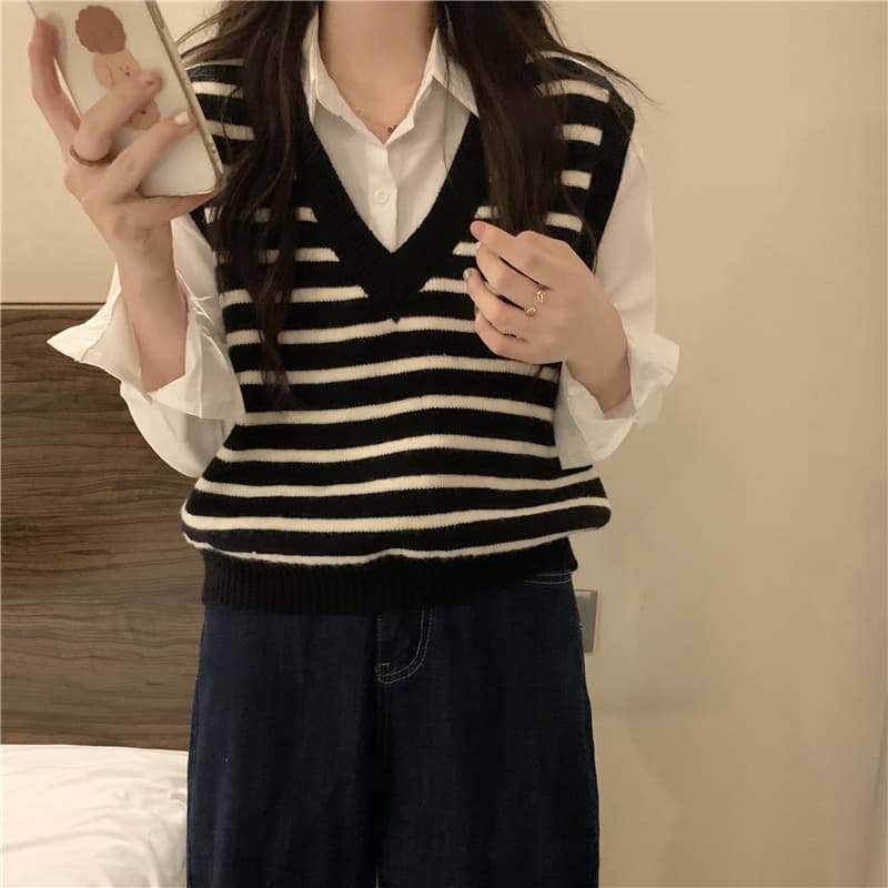 패키지 코어 실 베스트 작은 조끼 가을 여성 디자인 센스 스트라이프 루즈핏 쇼트 스타일 외부 외부 가져 가라. 조끼 상세 이미지 19