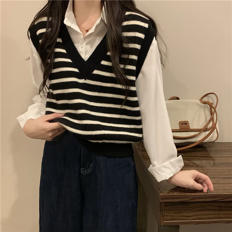 패키지 코어 실 베스트 작은 조끼 가을 여성 디자인 센스 스트라이프 루즈핏 쇼트 스타일 외부 외부 가져 가라. 조끼 상세 이미지 21