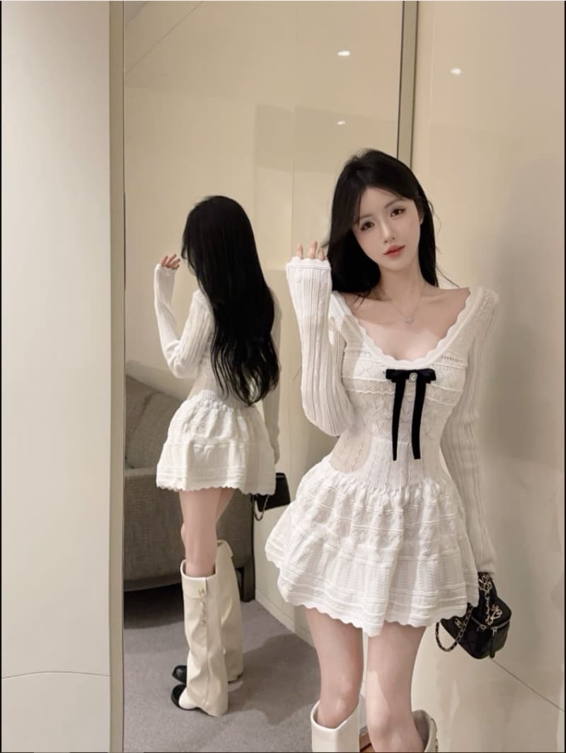 한 부서 부서 천 골드 명문 여성 바람 긴팔 여성 드레스 2026 가을 새로운 생일 치마 허리 수축 니트 원피스 미니 스커트 상세 이미지 6