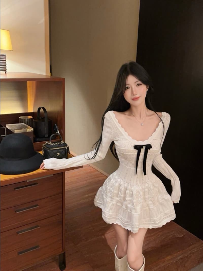 한 부서 부서 천 골드 명문 여성 바람 긴팔 여성 드레스 2026 가을 새로운 생일 치마 허리 수축 니트 원피스 미니 스커트 상세 이미지 7