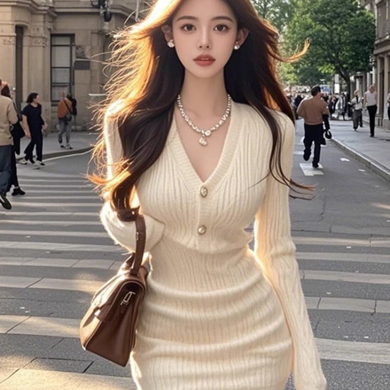 작은 샤넬 스타일 니트 여성 드레스 봄 가을 새로운 품격 명문 여성 V넥 허리 수축 슬림해 보이는 타이트 스커트 미니 스커트 겨울 만나는 이미지 5