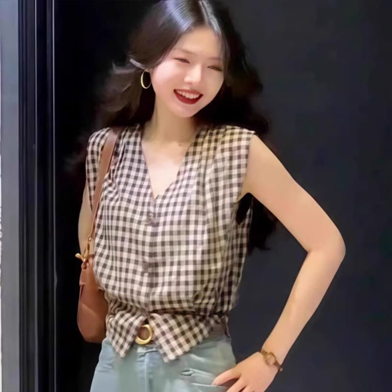 원본 컬러 짜임 그리드 항구 바람 착용 가져 가라. 레트로 V넥 민소매 체크무늬 여성 셔츠 여름 새로운 만나는 조끼 맨위 이미지 5
