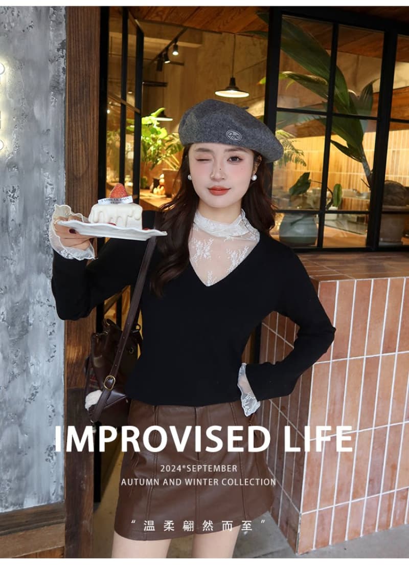 V넥 페이크 레이어드 레이스 기본 셔츠 여성 인사이드 가져 가라. 2026 가을 겨울 새로운 디자인 센스 스웨터 니트 맨위 상세 이미지 3