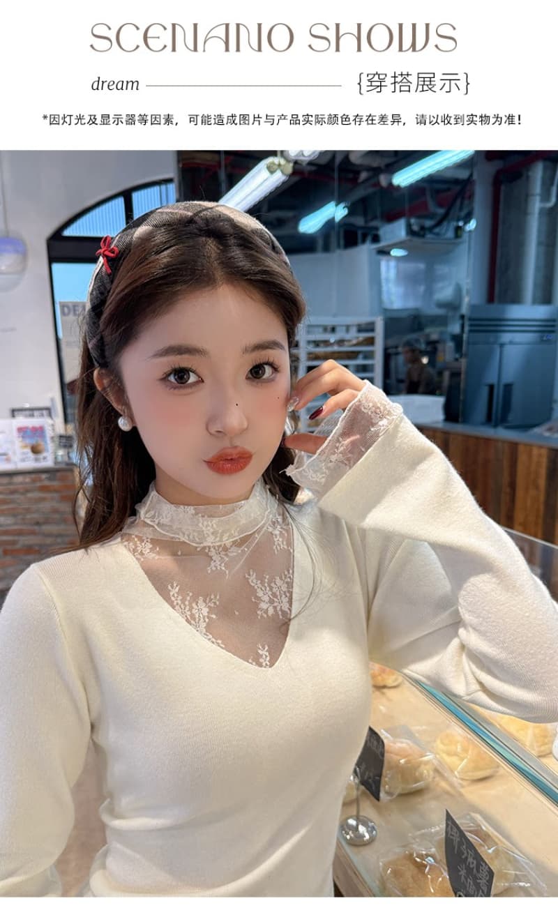 V넥 페이크 레이어드 레이스 기본 셔츠 여성 인사이드 가져 가라. 2026 가을 겨울 새로운 디자인 센스 스웨터 니트 맨위 상세 이미지 9