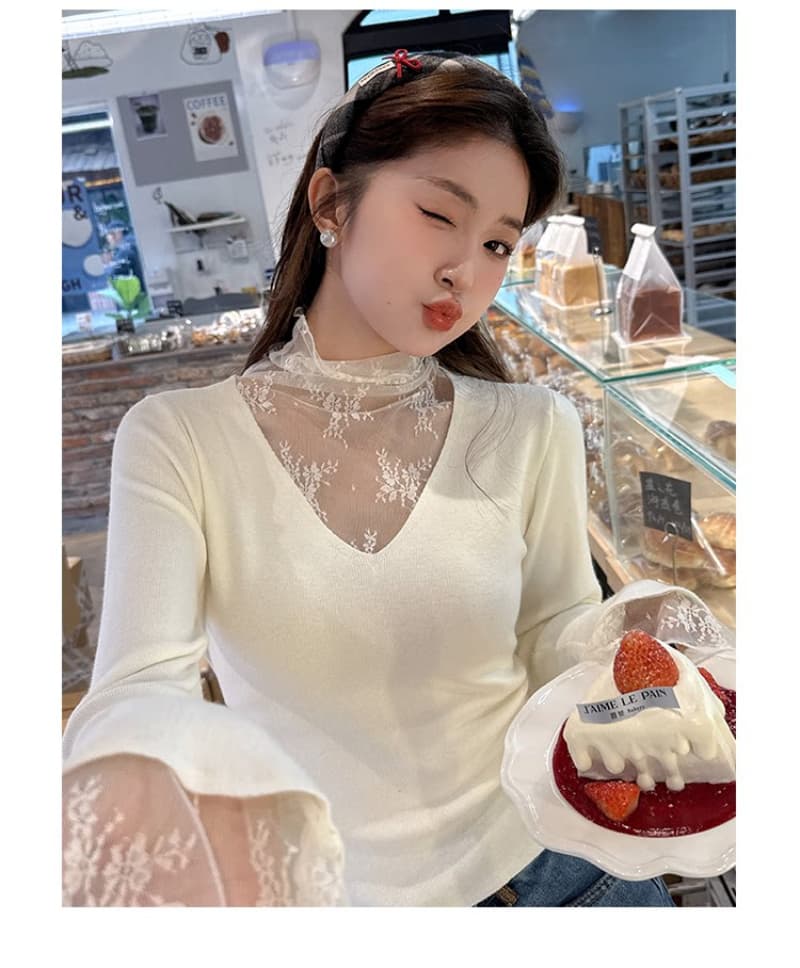 V넥 페이크 레이어드 레이스 기본 셔츠 여성 인사이드 가져 가라. 2026 가을 겨울 새로운 디자인 센스 스웨터 니트 맨위 상세 이미지 10