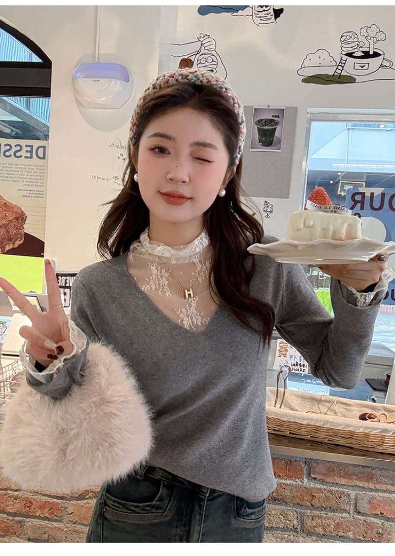 V넥 페이크 레이어드 레이스 기본 셔츠 여성 인사이드 가져 가라. 2026 가을 겨울 새로운 디자인 센스 스웨터 니트 맨위 상세 이미지 16