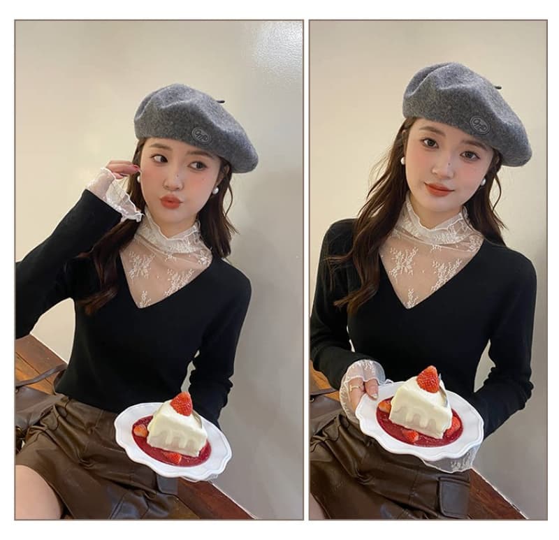 V넥 페이크 레이어드 레이스 기본 셔츠 여성 인사이드 가져 가라. 2026 가을 겨울 새로운 디자인 센스 스웨터 니트 맨위 상세 이미지 18