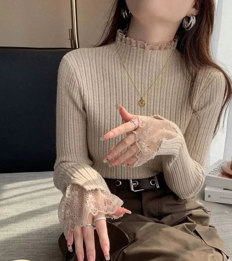 레이스 반하이넥 기본 셔츠 여성 2026 봄 가을 새로운 작은 샤넬 스타일 인사이드 가져 가라. 스웨터 니트 긴 소매 만나는 맨위 상세 이미지 14