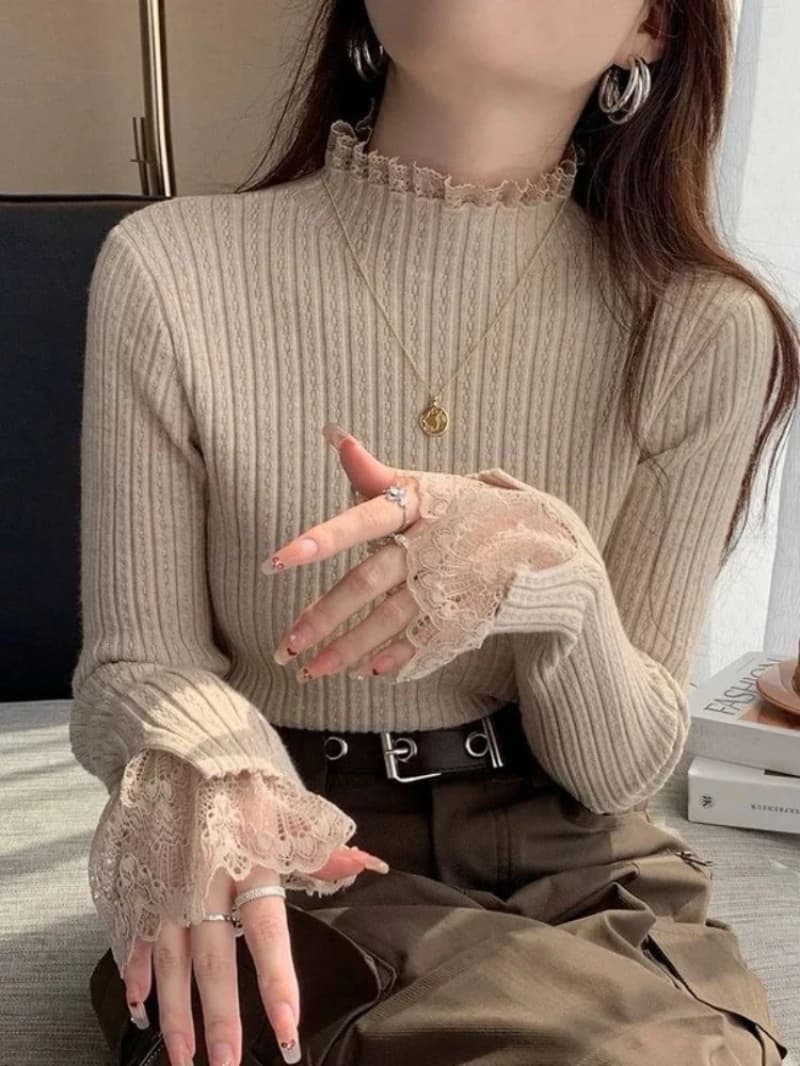 레이스 반하이넥 기본 셔츠 여성 2026 봄 가을 새로운 작은 샤넬 스타일 인사이드 가져 가라. 스웨터 니트 긴 소매 만나는 맨위 상세 이미지 16
