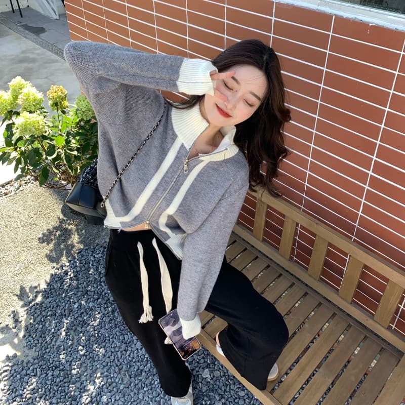 북극 플러시 양방향 지퍼 니트 오픈 가디건 맨위 여성 봄 가을 작은 대중 배색 터틀넥 스웨터 코트 상세 이미지 13
