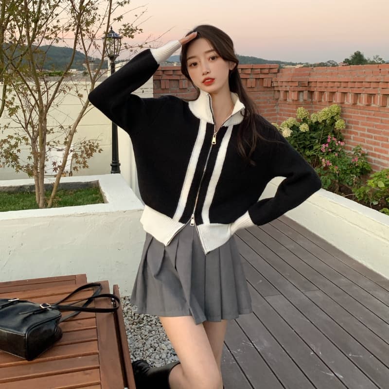 북극 플러시 양방향 지퍼 니트 오픈 가디건 맨위 여성 봄 가을 작은 대중 배색 터틀넥 스웨터 코트 상세 이미지 16