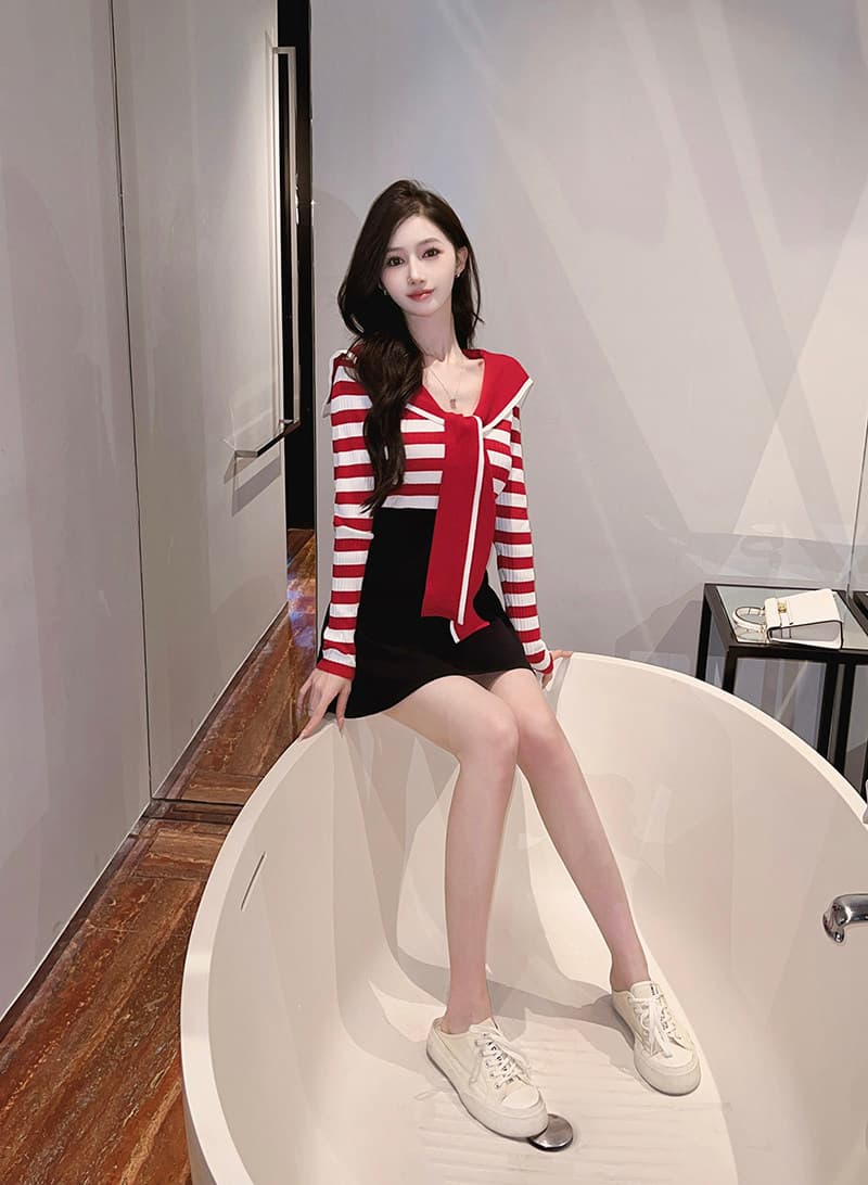 프랑스식 명문 여성 품격 작은 샤넬 스타일 해군 칼라 스트라이프 니트 드레스 허리 수축 슬림해 보이는 긴팔 다용도 A라인 스커트 상세 이미지 15