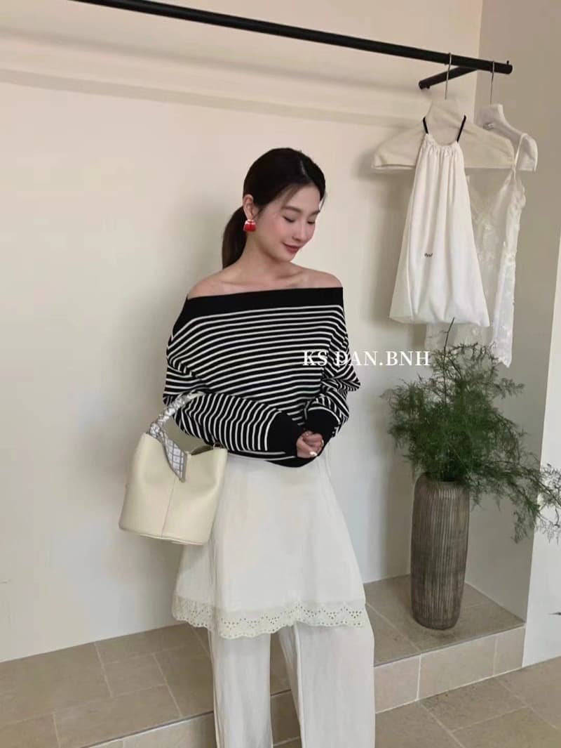 패키지 코어 실 느긋한 비스듬한 칼라 오프숄더 스트라이프 긴팔 니트 스웨터 여성 봄 가을 고급 센스 다용도 맨위 상세 이미지 5