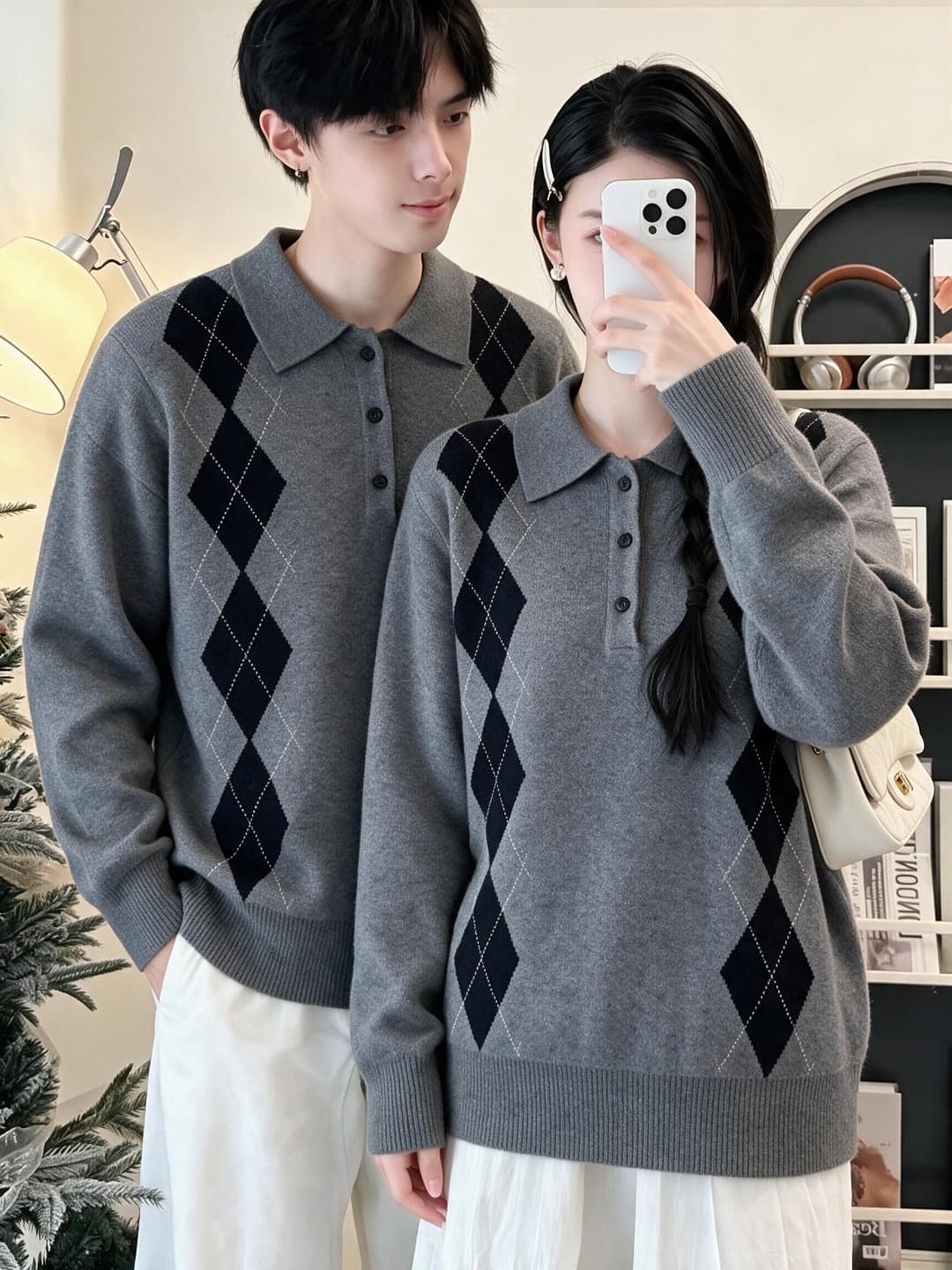 높은 품질 오래된 돈 바람 링 그리드 POLO 칼라 니트 스웨터 남녀 커플 섹션 이미지 3