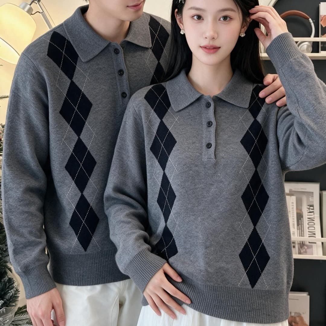 높은 품질 오래된 돈 바람 링 그리드 POLO 칼라 니트 스웨터 남녀 커플 섹션 이미지 5